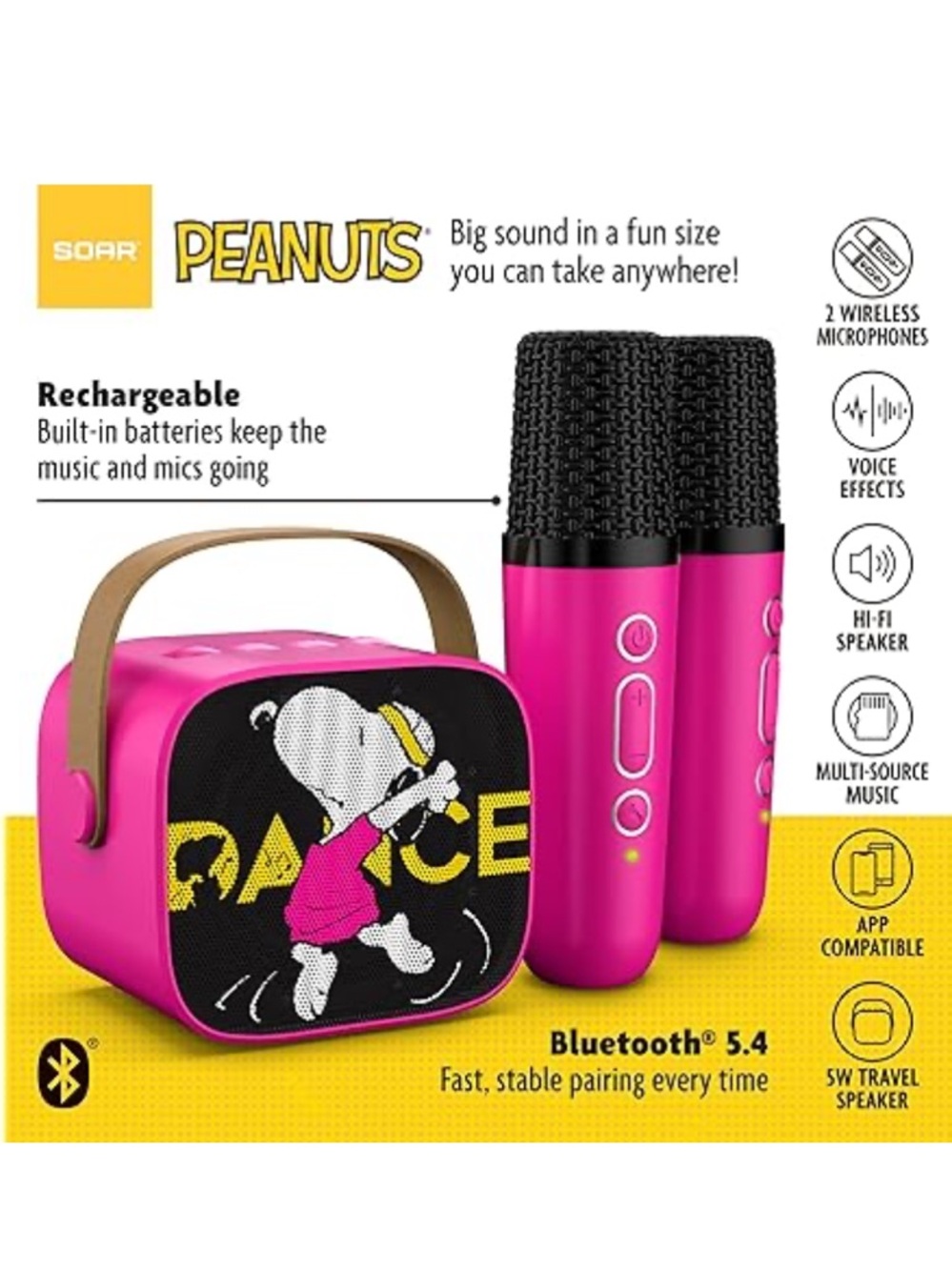 Snoopy Peanuts Pink Karaoke Wireless Speaker & 2 Microphones - NEW - Picture 4 of 5